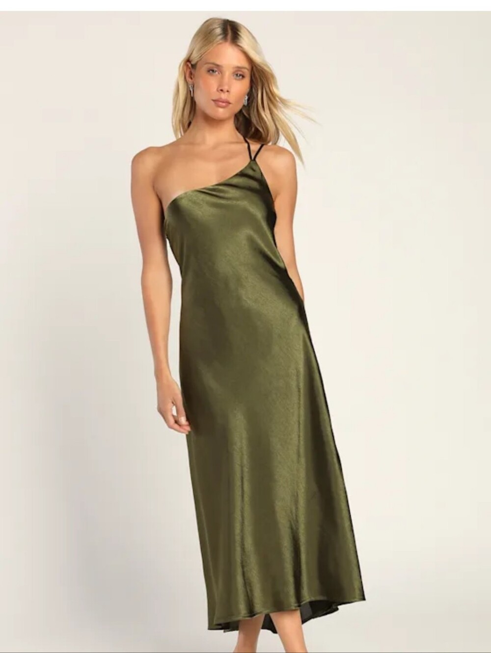 Lulus One That Got Away Olive Green Satin One-Shoulder Midi Dress